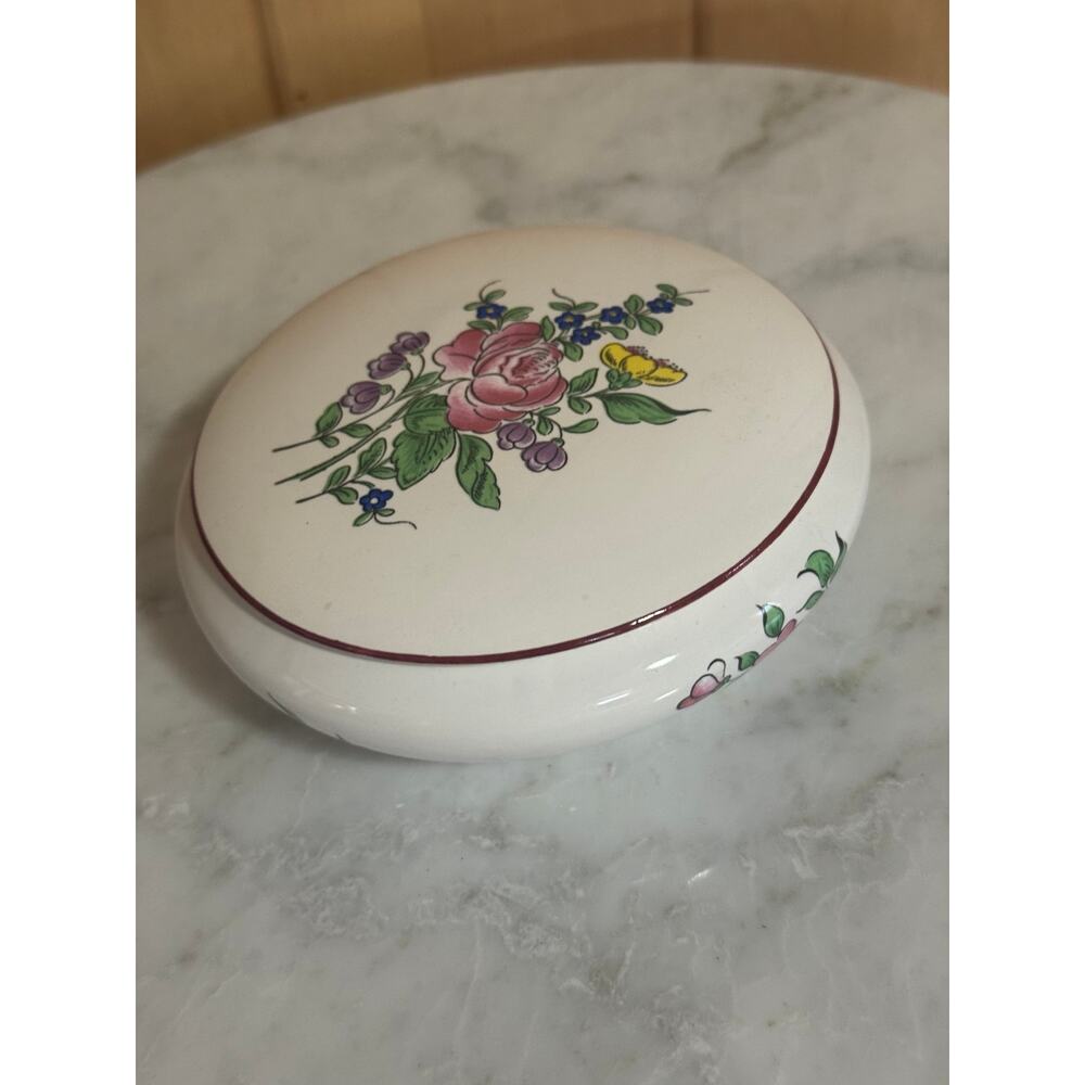 Vintage French Ceramic Floral Pattern Jewelry Box